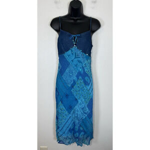 Y2K Slip Dress Prom Babydoll Denim Chiffon Patchwork Fairy Whimsicore Vtg. 7/8